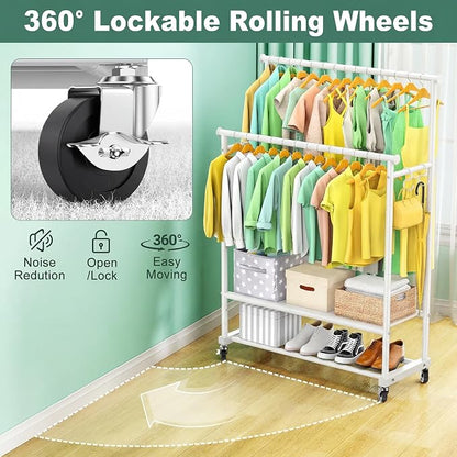 Double Rods Clothes Rack for Hanging Clothes, Heavy Duty Rolling Clothing Rack - Image 6