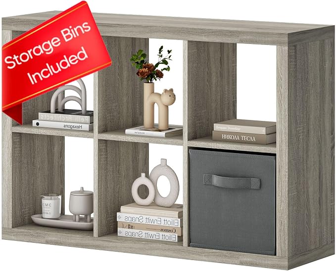 furtble Bookshelf with Storage Bin, 6-Cube Storage Organizer, Modern Wood Open by furtble