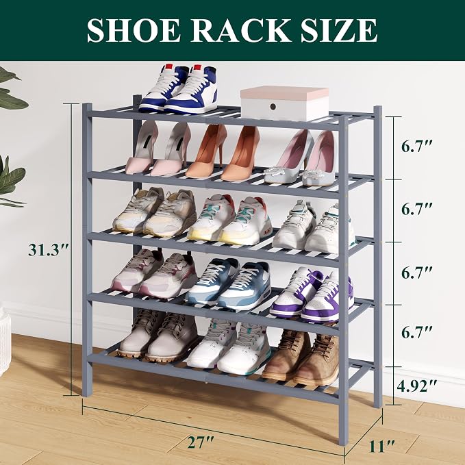 Smiry Bamboo Shoe Rack for Closet, 5 Tier Wooden Stackable Shoe Organizer - Image 2