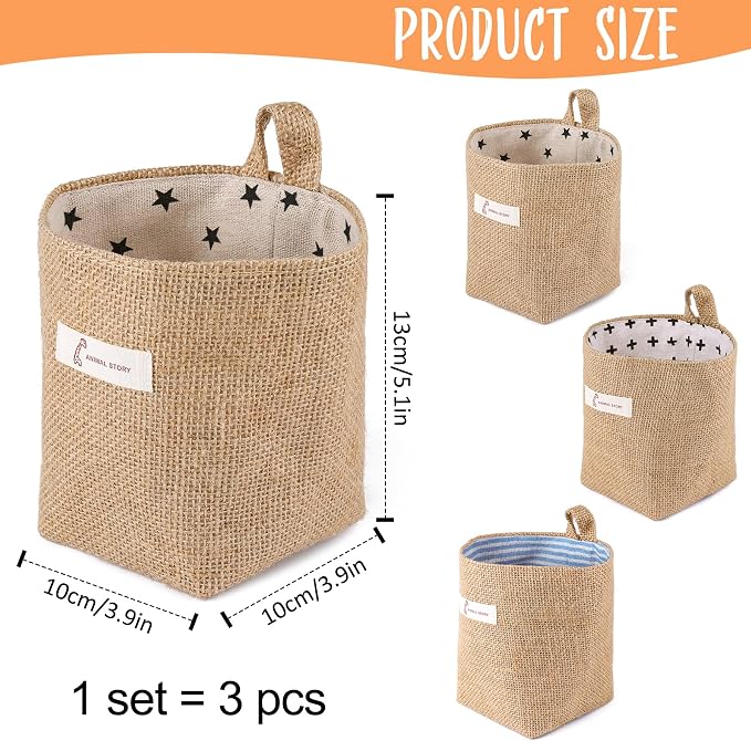 3 PCS Mini Hanging Storage Bag Cotton Linen Small Storage Basket Wall Hanging - Image 3