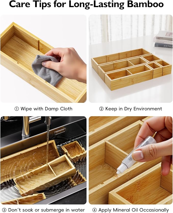12-Piece Bamboo Desk Drawer Organizer Tray – Adjustable Storage Boxes - Image 7
