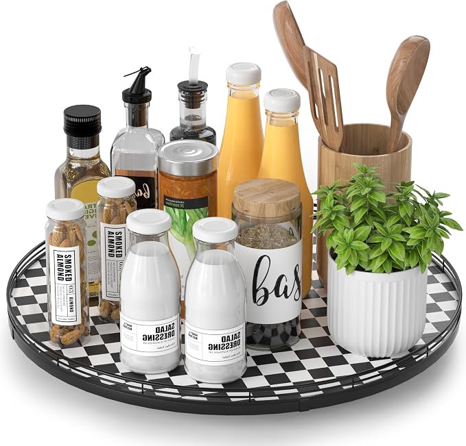 16" Black and White Kitchen Lazy Susan Turntable, Round Checkered Decorative by AMH