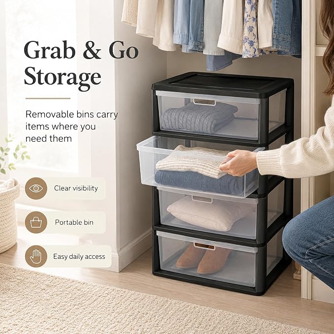 4 Drawer Storage Tower, Wide Plastic Floor Organizer - Image 8