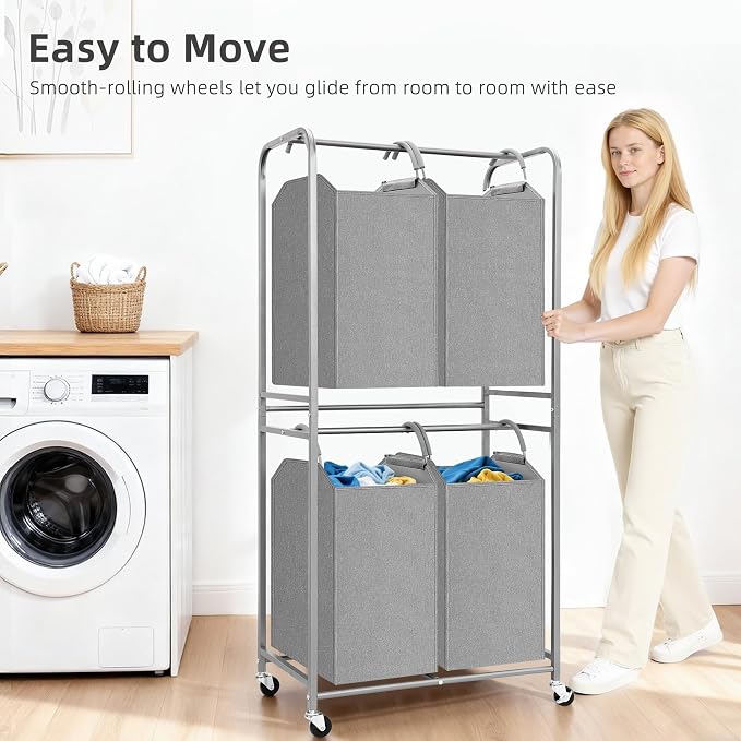 STORAGE MANIAC 4 Section Vertical Laundry Hamper, 2 Tier Laundry Sorter - Image 4