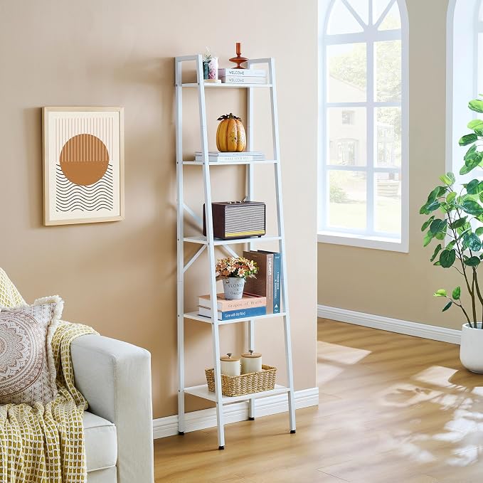 Hoctieon 5-Tier Industrial Ladder Bookshelf, Narrow Ladder Shelf, Tall Standing - Image 6