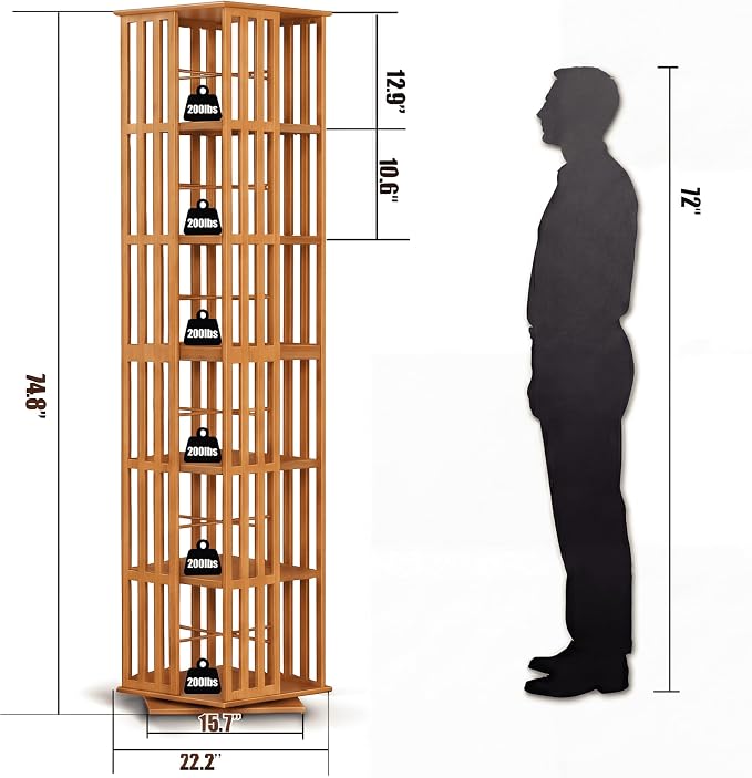 Lauxery 6-Tier Bamboo Rotating Bookshelf Tower, 74.8 in | Easy Assembly - Image 2