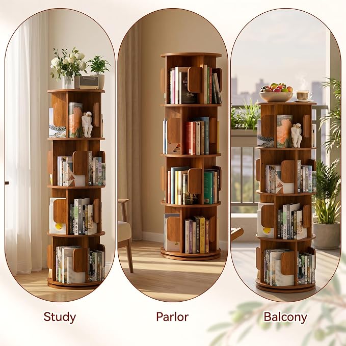 4-Tier 360° Rotating Bookshelf, Round Floor Standing Bookcase - Image 7