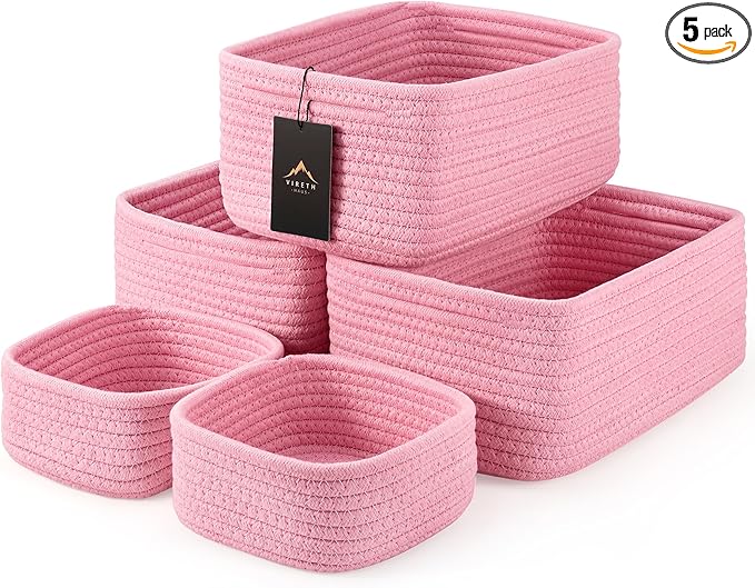 5-Pack Small Woven Rope Storage Baskets, 2 Sizes Organizer Bins | Fabric Cube by Unknown