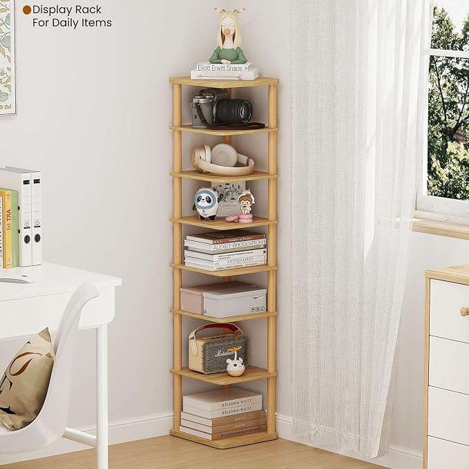 8 Tiers Vertical Shoe Rack Tall Narrow Shoe Tower Corner Shoe Rack, Natural | - Image 5