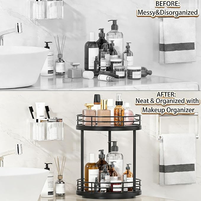 2-Tier Rotating Bathroom Countertop Organizer, Wooden Makeup Vanity Storage - Image 3