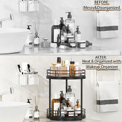 2-Tier Rotating Bathroom Countertop Organizer, Wooden Makeup Vanity Storage - Image 3