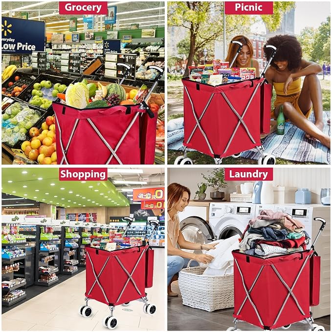 Folding Shopping Cart for Groceries, Water-Resistant Heavy-Duty Canvas Trolley - Image 7