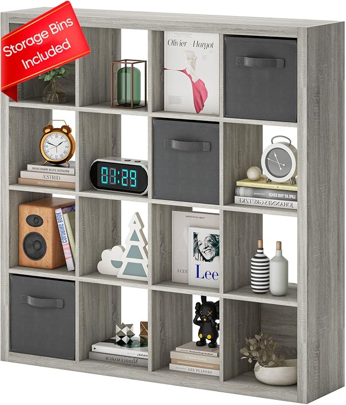 furtble Bookshelf with Storage Bins, 16-Cube Storage Organizer with Back Panels by furtble