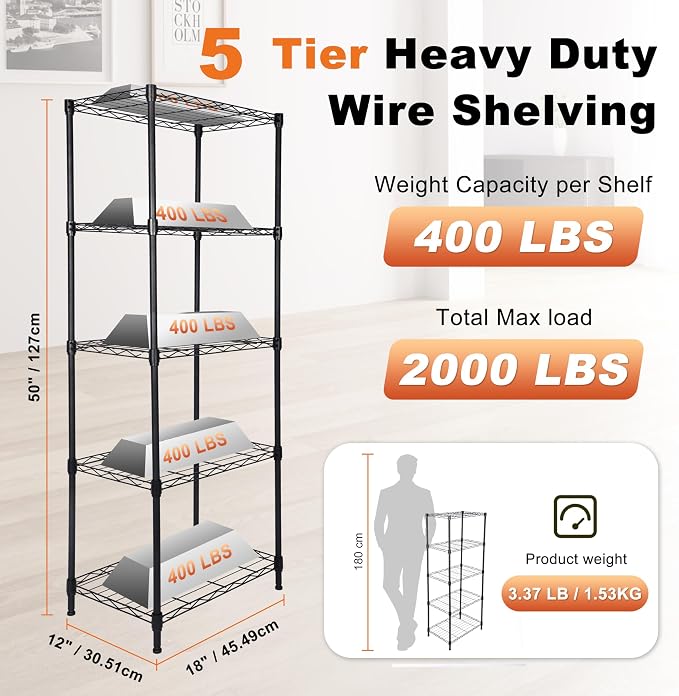 Whitmor 5 Tier Storage Shelves, Heavy Duty Metal Shelving, 400 lbs Capacity per - Image 2