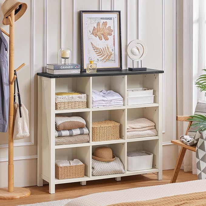 9 Cube Bookcase, Farmhouse 47 Inch Wide White Bookshelf, Wooden 3 Tier Display - Image 9