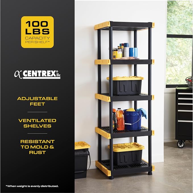 BLACK & YELLOW, 5-Tier Heavy Duty Plastic Storage Shelving Unit, 100lbs/shelf - Image 4