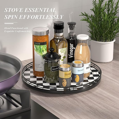 Black and White Kitchen Lazy Susan Turntable – Checkered Round Decorative Tray - Image 5