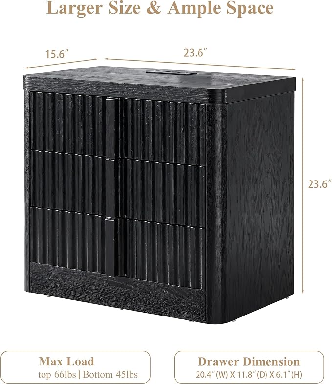 23.6" Nightstand Set of 2 with Charging Station, Side Table with 3 Storage - Image 3