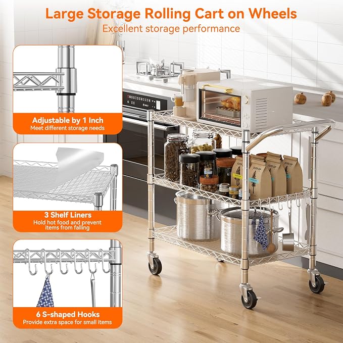 NTE 3 Tier Heavy Duty Rolling Utility Cart on Wheels, 990Lbs Capacity Rolling - Image 5
