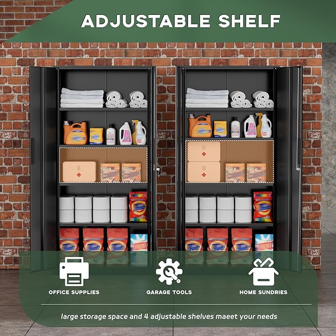 Greenvelly Metal Garage Storage Cabinet, 72” Locking Black Tool Steel Cabinet - Image 8