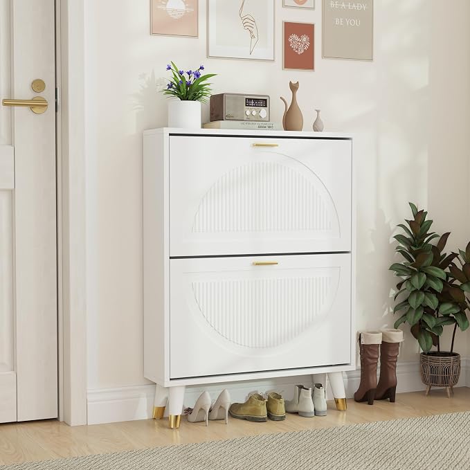 White Shoe Storage Cabinet: 24" Ultra Thin Small Shoe Cabinet - Image 4