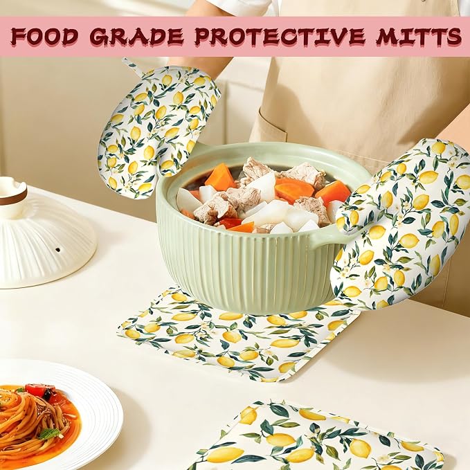 Retro Lemon Floral Silicone Oven Mitts and Pot Holders, Heat-Resistant 4 Piece - Image 7