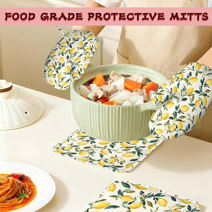 Retro Lemon Floral Silicone Oven Mitts and Pot Holders, Heat-Resistant 4 Piece - Image 7