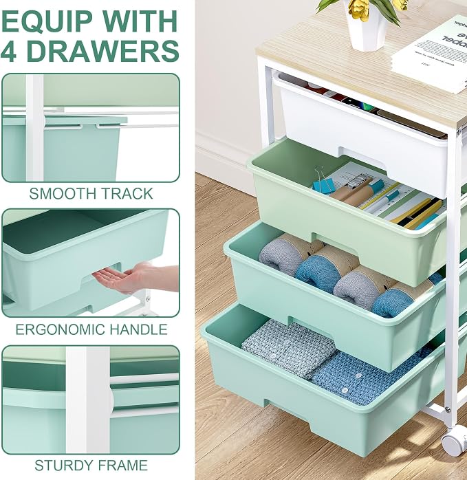 Utility Cart with 4 Drawers, Rolling Storage Cart with Drawers, Storage Rolling - Image 4