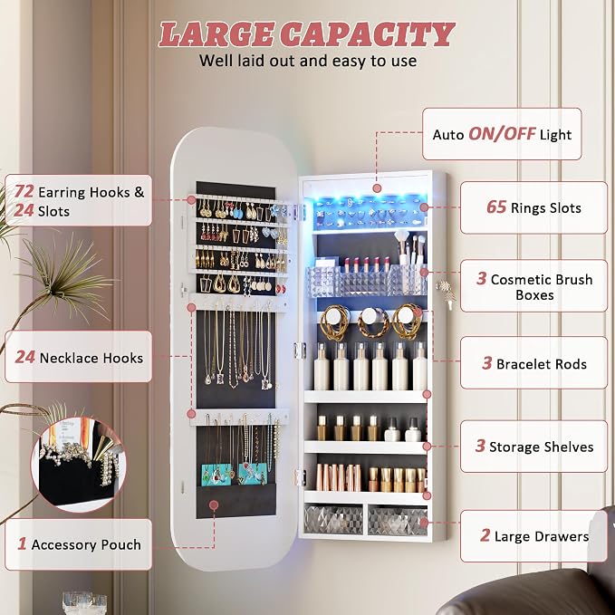 LVSOMT Round Mirror Jewelry Cabinet Door Hang, Jewelry Armoire - Image 3