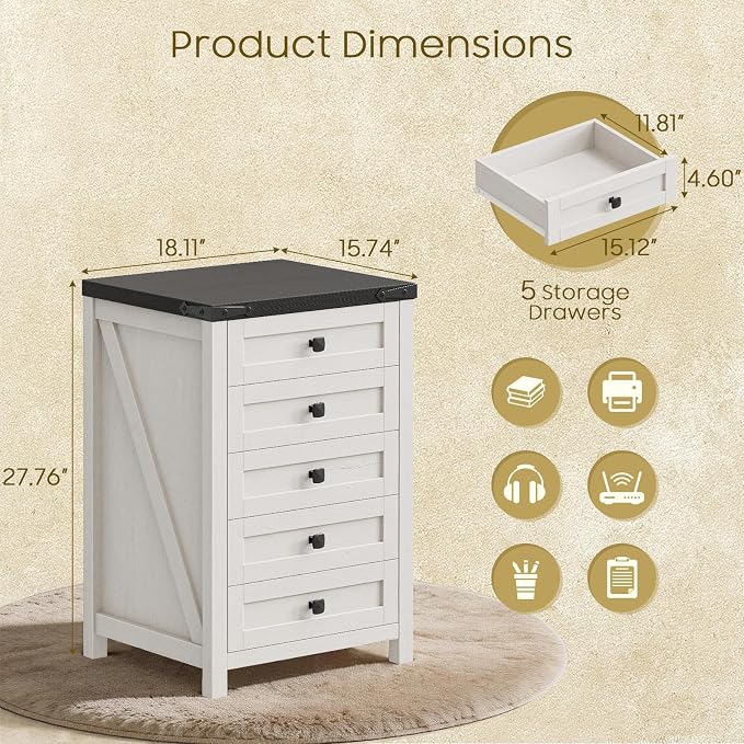 Halitaa 5 Drawer Small File Cabinet, Farmhouse Vertical Filing Cabinet | Under - Image 2