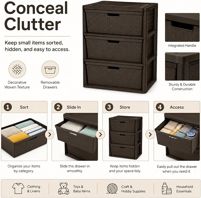 3 Drawer Storage Organizer, Plastic Drawer Organizer Tower, Closet Storage - Image 5