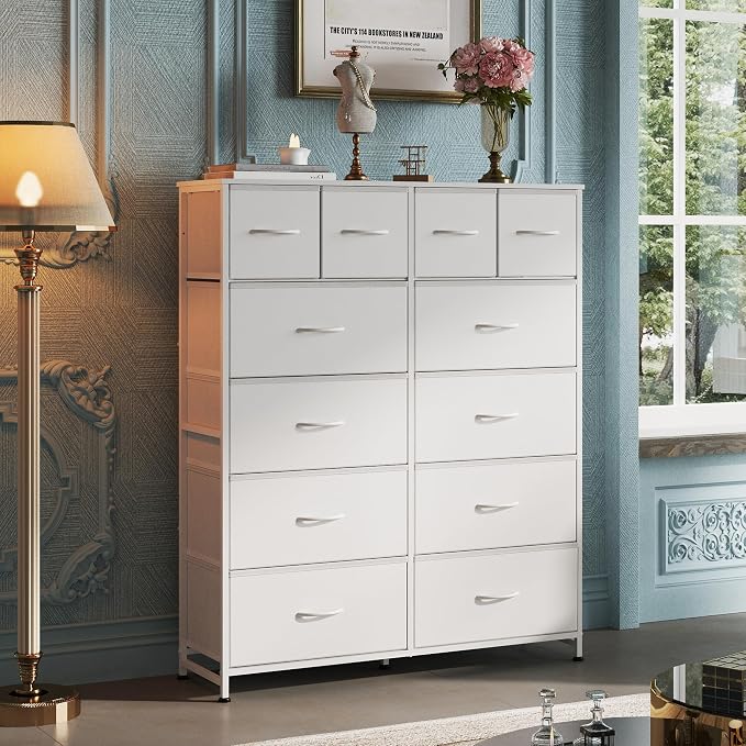 WLIVE 12 Drawer Tall White Fabric Dresser Bedroom Storage Chest | White tall - Image 2