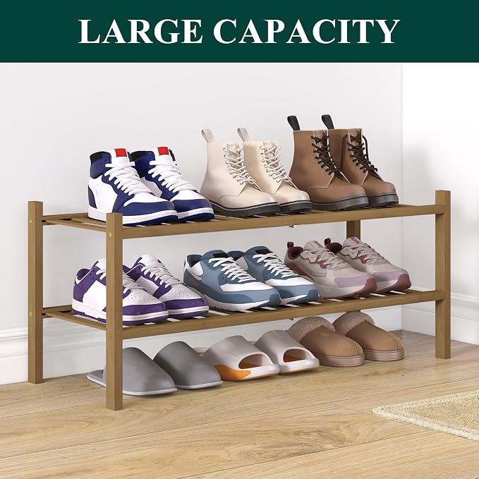 Smiry Bamboo Shoe Rack for Closet, 2 Tier Wooden Stackable Shoe Organizer - Image 5