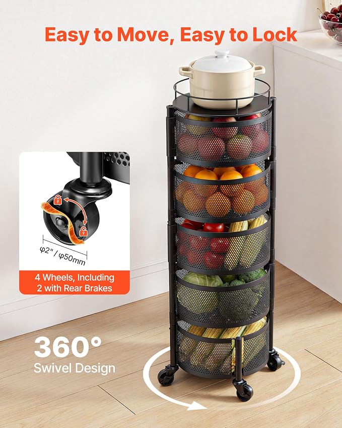 VEVOR Rotating Storage Rack Cart, 5 Tier Fruit and Vegetable Basket Bowls - Image 4