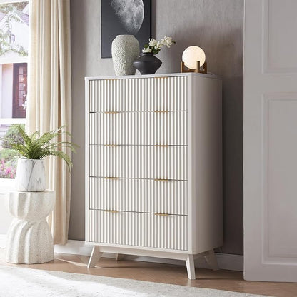 T4TREAM Fluted 5 Drawers Dresser, Curved Profile Design, Wood Drawer Organizer by T4TREAMFurniture