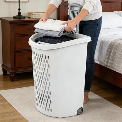White Lalaundry Basket with Wheels and Lid, Portable Laundry Basket, Durable - Image 9