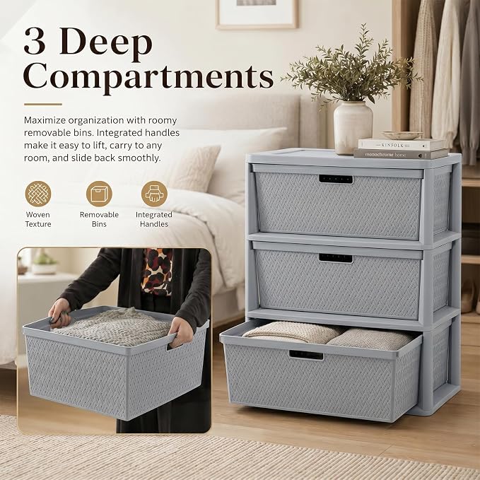 Wide 3-Drawer Plastic Storage Tower, Cross-Weave Floor Cabinet, tool-free - Image 3