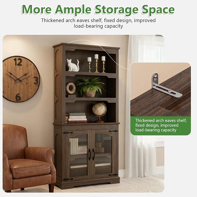 70 Inch Farmhouse Bookcase, Walnut Two-Tone Shelves, 5 Tier Bookshelf - Image 4