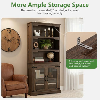 70 Inch Farmhouse Bookcase, Walnut Two-Tone Shelves, 5 Tier Bookshelf - Image 4