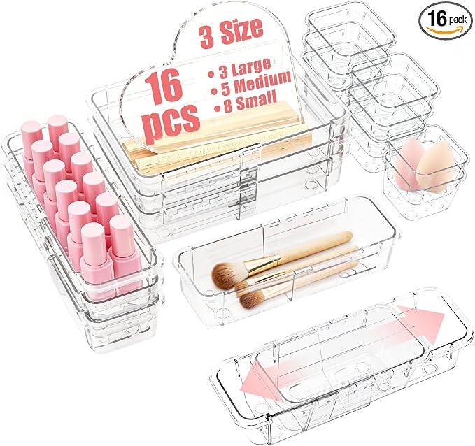 16 Pcs Extendable Clear Drawer Organizer, 3-Size Adjustable Boxes | 3-mm Extra by Unknown