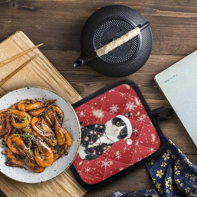 4 Pcs Christmas Black Cat Snowflakes Print Hot Pot Holder Heat Resistant - Image 2