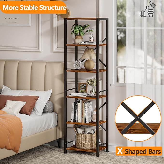 Furologee 6 Tier Bookshelf, Tall Narrow Bookcase, Rustic Brown | 59.6'' Tall - Image 4
