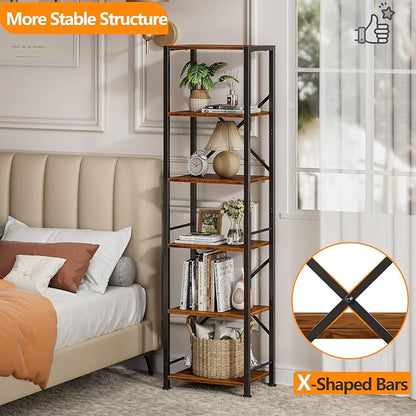 Furologee 6 Tier Bookshelf, Tall Narrow Bookcase, Rustic Brown | 59.6'' Tall - Image 4