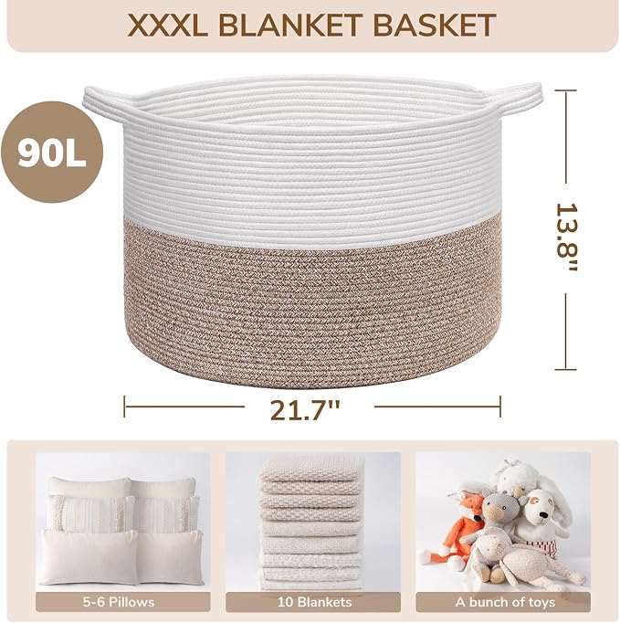 INDRESSME XXXLarge Cotton Rope Basket 21.7" x 21.7" x 13.8" Woven Baby Laundry - Image 7