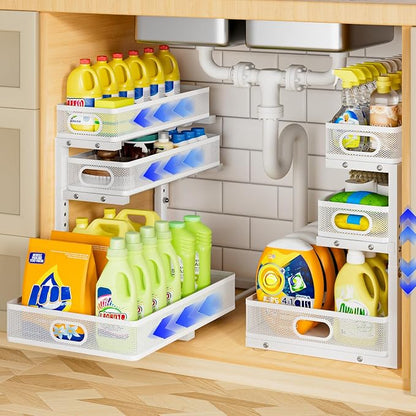 Under Sink Organizer 3 Tier, 2 Pack L-Shaped Pull-Out Cabinet Organizer by AURIKAR