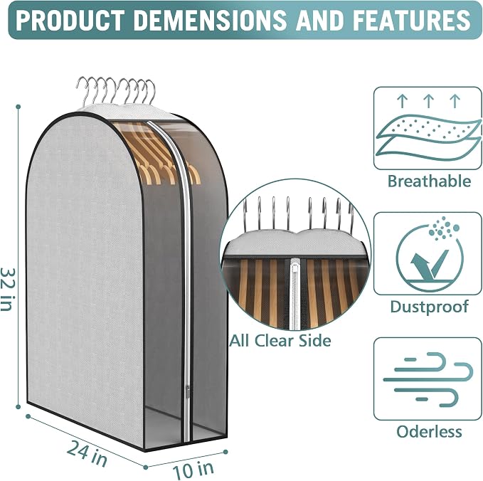 10" Gusseted Garment Bags for Hanging Clothes 32" Suit Bags for Open Closet - Image 3
