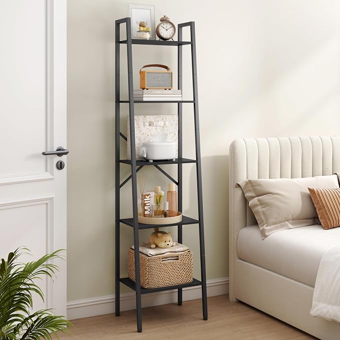 Hoctieon 5-Tier Industrial Ladder Bookshelf, Narrow Ladder Shelf, Tall Standing - Image 2