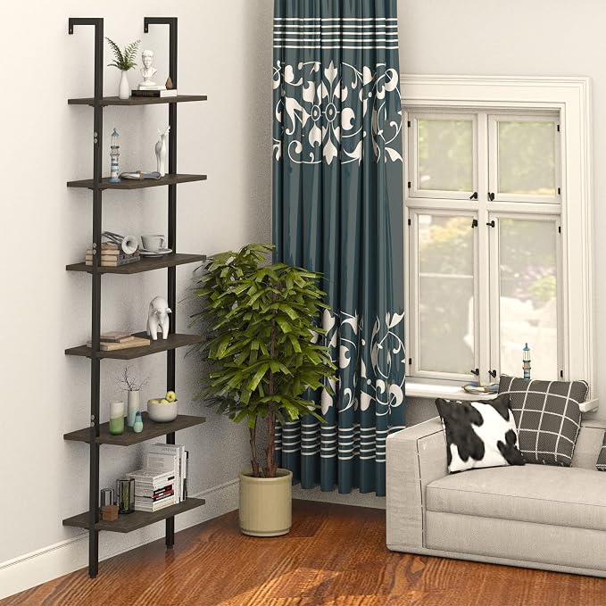 Ladder Shelf Black 6 Tiers Modern Bookshelf Room Organizer Open Tall Wall Mount - Image 6
