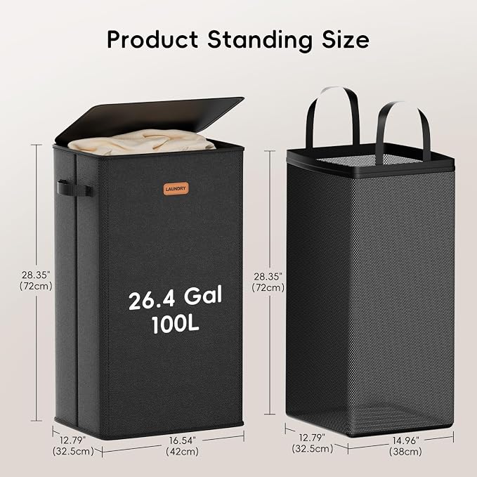 100L Laundry Hamper with Lid, Large Clothes Hampers with Removable Bag - Image 6