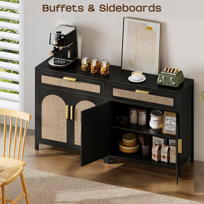 Rattan Buffet Cabinet with Storage Set of 2, Sideboard Cabinet with Doors and - Image 5